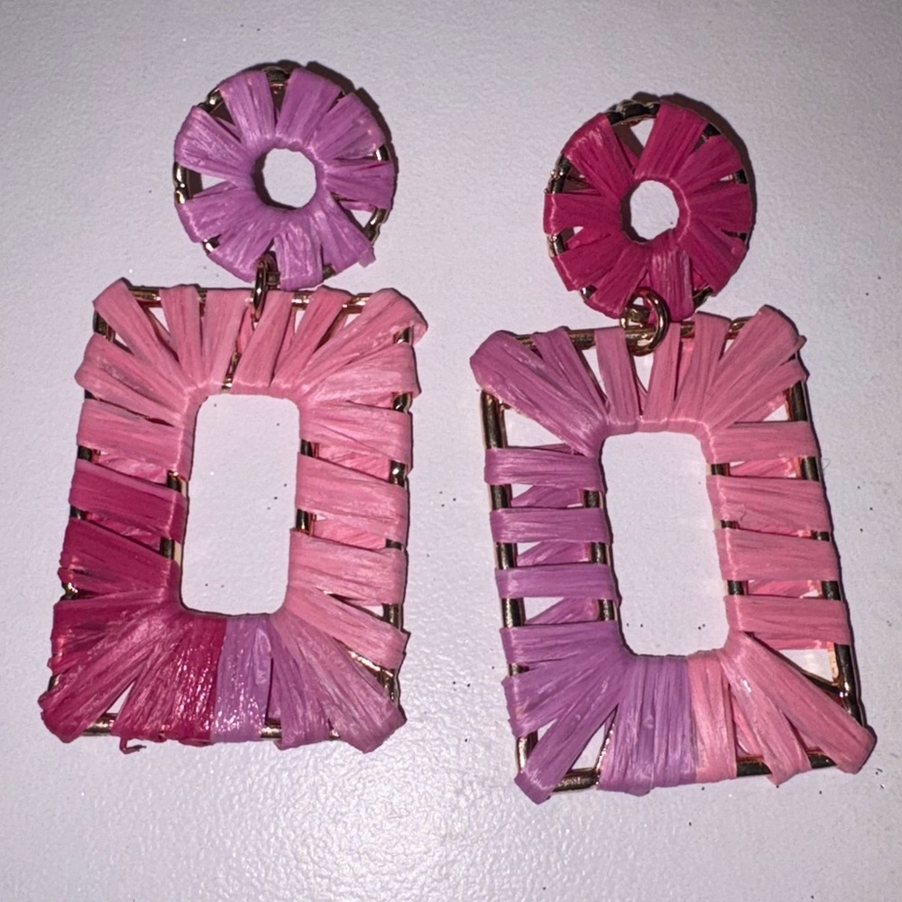 ✨ Ombré Pink Aurora Raffia Statement Earrings Woven Statement Earrings - Picture 2 of 3
